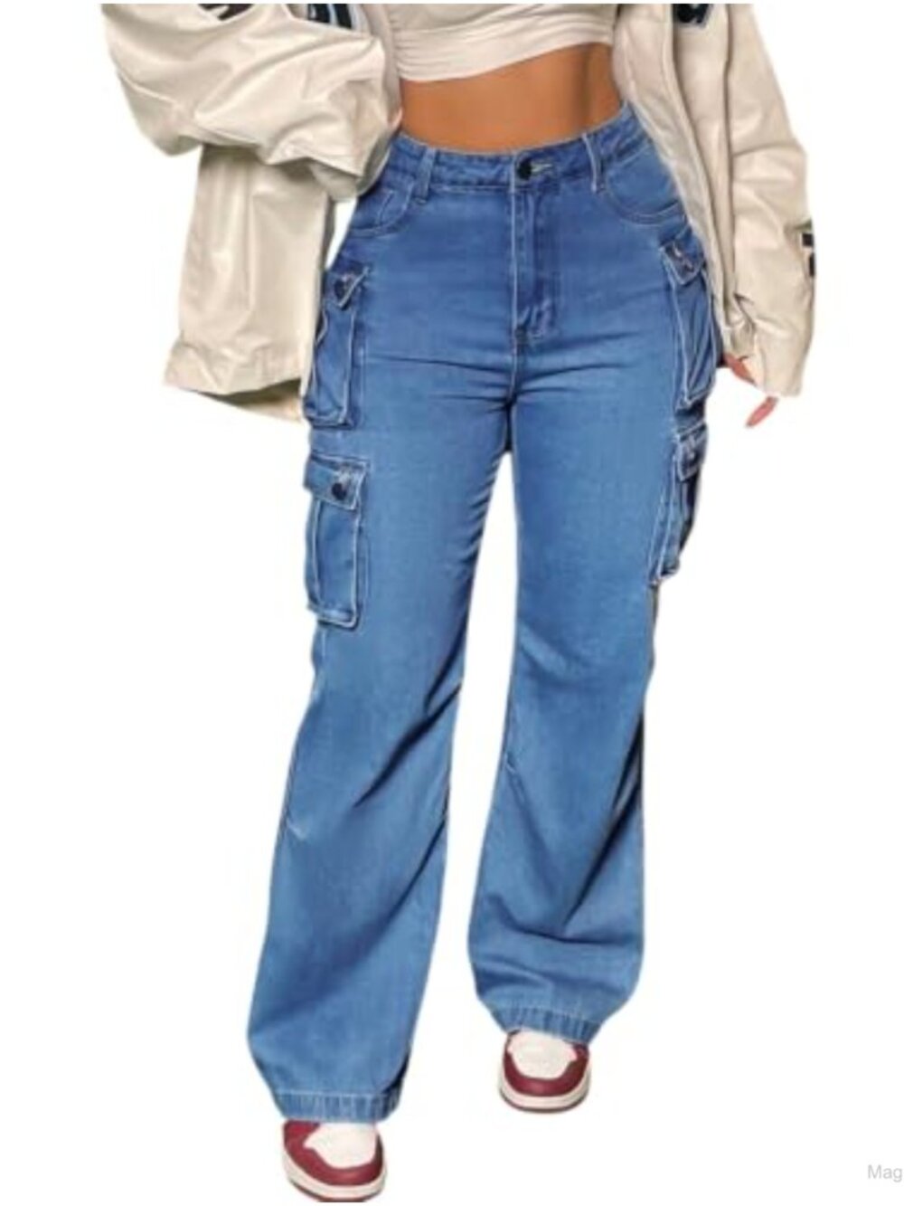 Women's Baggy Wide Leg Cargo Jeans Mid Waist Straight Denim Utility Pockets